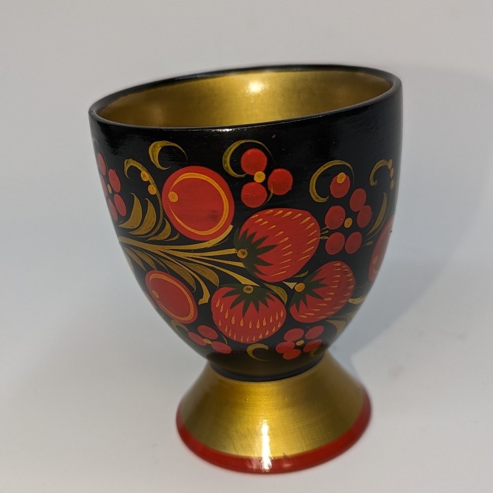 Vintage Russian Khokhloma cup and spoon set  Black, red, gold, berries B…